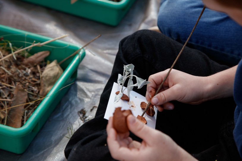 Student is using clay and sticks to create home for bugs
