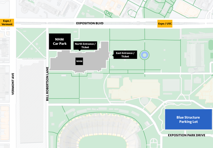 A map of the Natural History Museum at the corner of Bill Roberston Lane and Exposition Blvd, with black squares indicating the Car Park and entrances