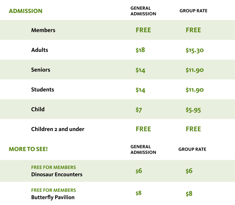 Green and white table with Admission prices