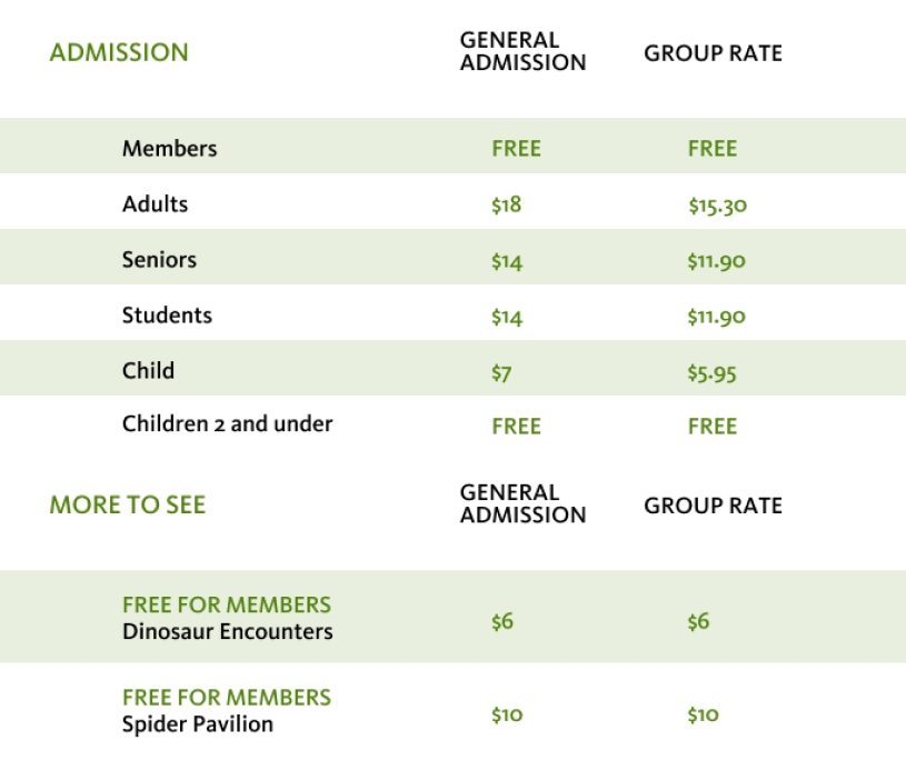 Green and white table with Admission prices