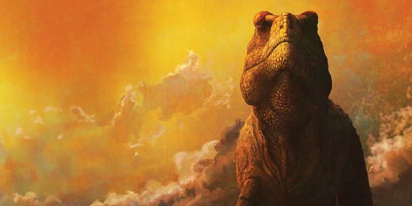 Yellow and orange cloudy sky behind a brown, scaly T. rex dinosaur head and should