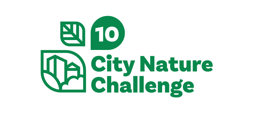 City Nature Callenge in green text to the right of three leaf shapes and the number 10 in one of the leaves