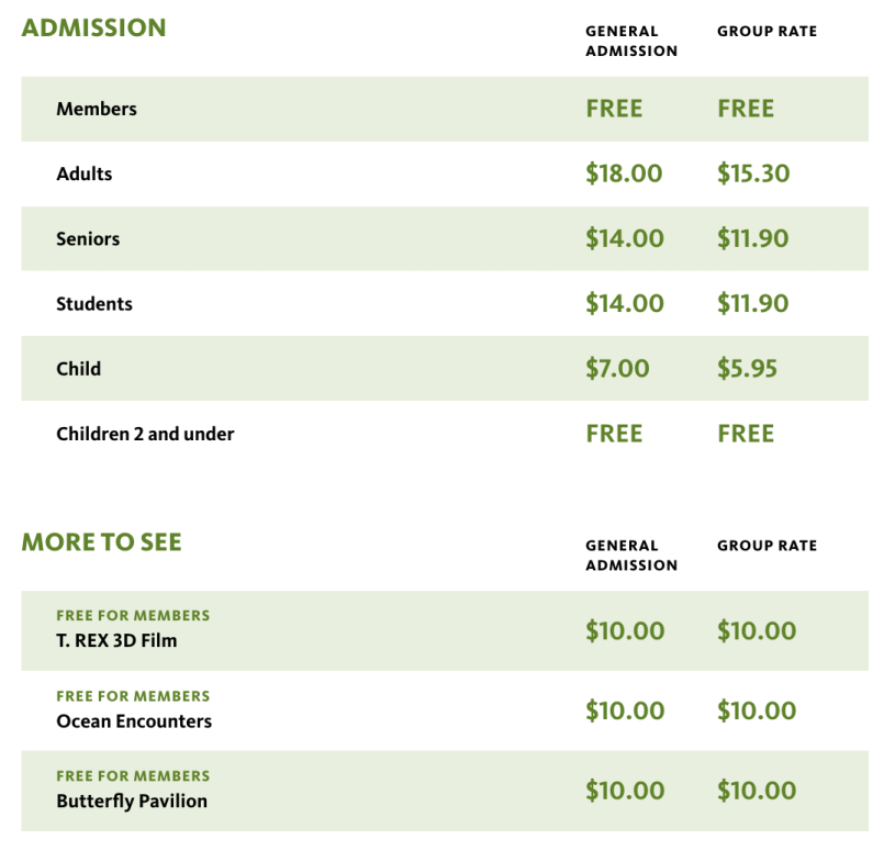 Green and white pricing chart