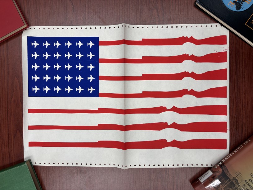 Image of guns and warplanes forming likeness of American flag.