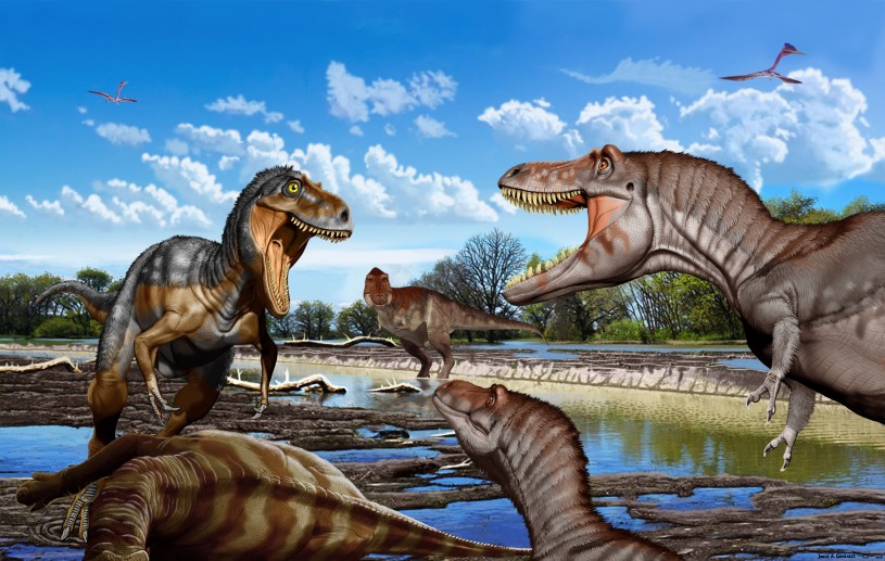 A nanotyrannus confronts two juvenile t.rex while a subadult looms in the distance