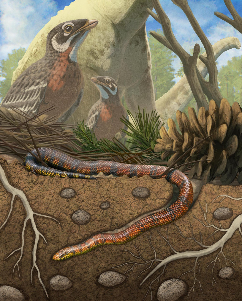 Illustration of ancient birds and a burrowing snake in the foreground