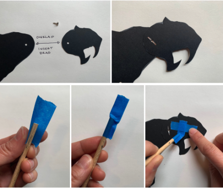 5 squares with image of how to assemble shadow puppet pieces