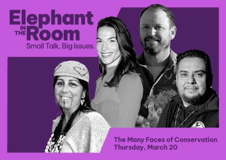 Light purple border around four speakers, in black and white, for The Many Faces of Conservation event against a dark purple background