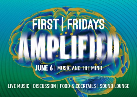First Fridays Amplified in white blurry text over aqua, green and blue brain shape, against a blue and green striped background