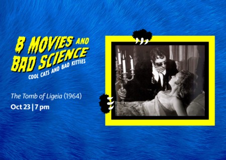 Yellow and black border around a black and white image of a man, holding a candelabra, leaning over a woman in bed, against a blue furry background