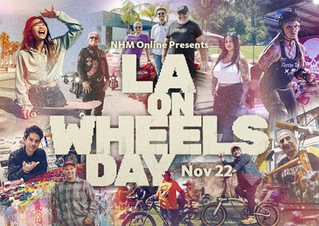 LA on Wheels Day in cream capital letters against faded blue and pink tinted photographers of people