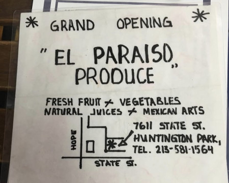 A handwritten promotional flyer for "El Paraiso Produce" in Huntington Park featuring business information for Maricruz’s former shop.